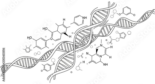 DNA double helix with various chemical molecular structures