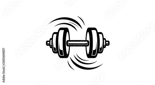 Black and white dumbbell fitness icon with motion lines