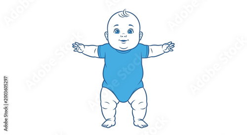 Cute Baby Wearing Blue Onesie Standing.