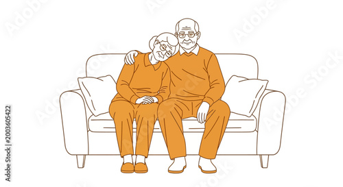 Elderly couple sitting on sofa together.