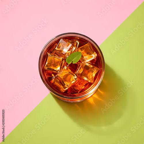 High-angle shot of a refreshing amber drink with crystal clear ice cubes and a fresh mint leaf. Vibrant minimalist pop art style on a split pink and lime green pastel background. Perfect for summer