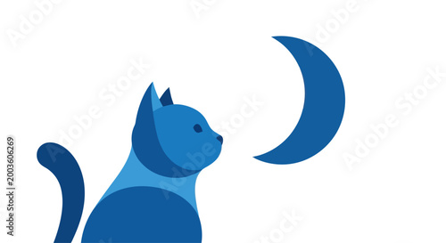 Blue cat looking at crescent moon, minimalist flat design illustration