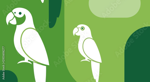Two white parrots in a green abstract jungle environment