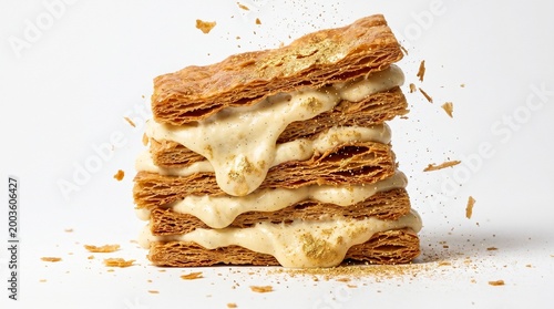 Gold-dusted mille-feuille with collapsing layered structure. Isolated on White background