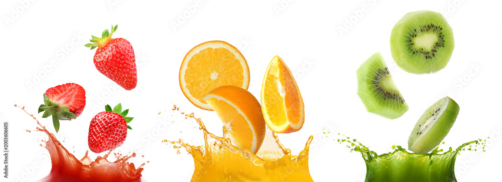 Fototapeta premium Different fruits falling into splashing juices on white background, set