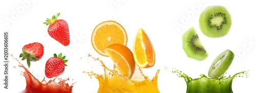 Panel kuchenny z motywem Different fruits falling into splashing juices on white background, set
