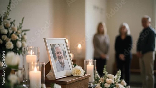 Funeral service setting with framed portrait, candles, and floral arrangements, featuring mourners in the background during a solemn remembrance