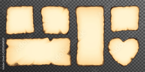 Burnt beige paper with fired edge, corner effect. Flame damaged vector page, old parchment round border with torn black ripped texture. Realistic ash note sheet frame, square heart rectangle piece