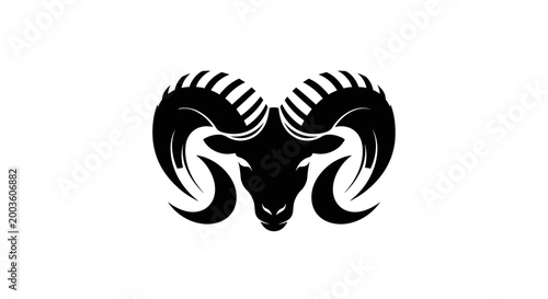 Black ram head with curved horns.