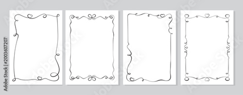 Whimsical hand drawn ribbon frame set. Romantic bow border with heart doodle and wavy line as cute outline. Minimal white card decor for wedding or valentine invitation, social media post and modern