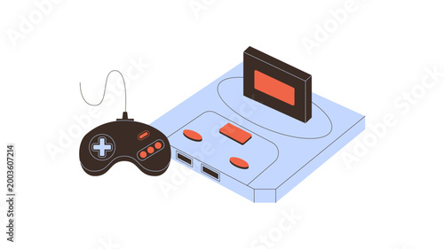 Flat retro y2k video game console patch with classic joystick and gamepad in blue and orange. This 90s controller videogame card design captures nostalgic entertainment vintage arcade fun.