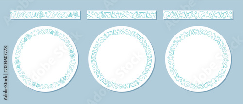 Seamless camp doodle border set in blue line style with tent, campfire and backpack pattern. Circle and frame border with forest hiking adventure, hand drawn for outdoor or trip background.