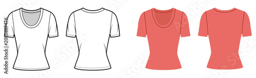 Short sleeve scoop neck top fitted silhouette, clean construction lines smooth shaping, minimal structure simple casual appearance everyday wear. Technical fashion illustration in black white color