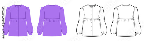 Blouse with empire waist seam, button front closure and long sleeves gathered volume creating soft relaxed silhouette. Technical fashion illustration in black white color, front and back views. Vector