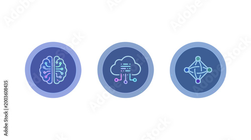 Set of modern neon tech icons featuring artificial intelligence, data processing, and cloud computing in circular glowing style.