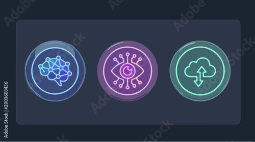 Set of modern neon tech icons featuring artificial intelligence, data processing, and cloud computing in circular glowing style.