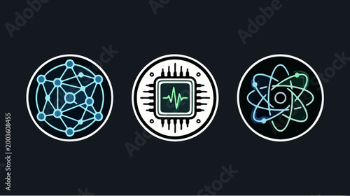 Set of modern neon tech icons featuring artificial intelligence, data processing, and cloud computing in circular glowing style.