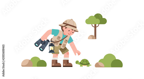 Fotografía A young explorer in a pith hat reaches out to a cute turtle while carrying binoculars and a glowing lantern in a simple forest setting
