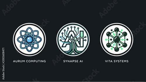 Set of modern neon tech icons featuring artificial intelligence, data processing, and cloud computing in circular glowing style.
