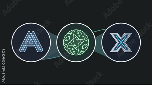 Set of modern neon tech icons featuring artificial intelligence, data processing, and cloud computing in circular glowing style.