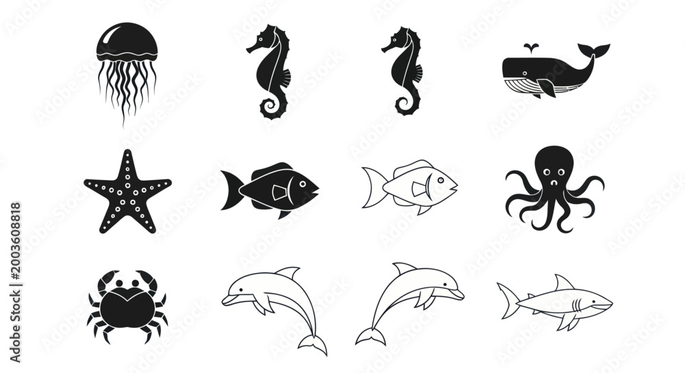Fototapeta premium Black and white marine life silhouettes