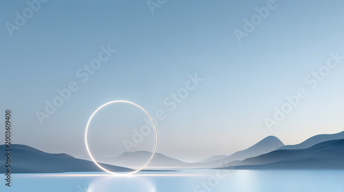 Surreal minimalist style mountain water geometric shape building background	
