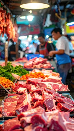 A bustling market scene with meat displays and people at a counter