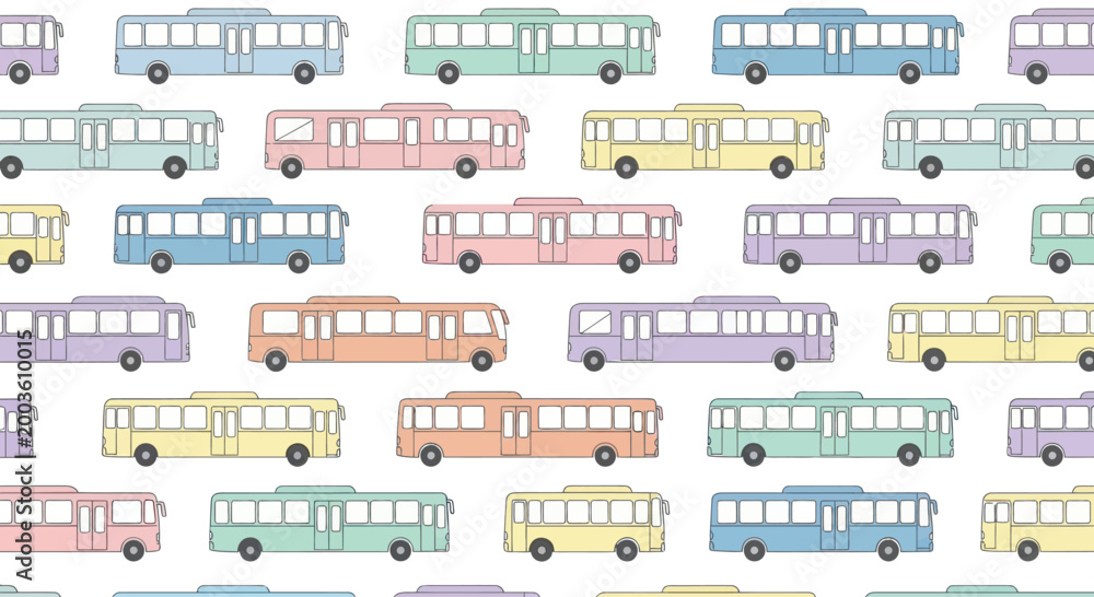 Naklejka premium Colorful Pastel Buses Pattern, Retro Vehicle Collection, Seamless Background