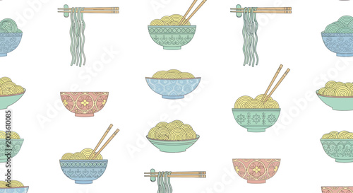 Seamless Pattern of Asian Noodles in Colorful Bowls with Chopsticks - Vector Illustration