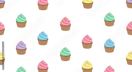 Seamless Pattern of Colorful Cupcakes with Swirled Frosting on White Background
