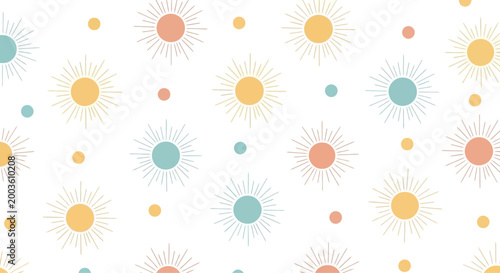Boho Sun Pattern Background, Pastel Colors, Cute Retro Repeating Design