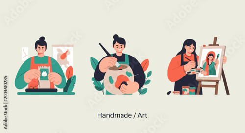 Creative Process: Artists painting, sculpting, and drawing in a studio