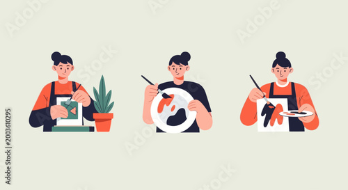 Artist painting abstract art, creative process, hobbies, flat illustration