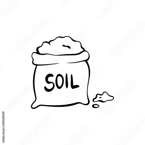 Bag of potting soil or fertilizer doodle icon. Natural organic earth for planting and gardening. Simple hand drawn line art illustration for agriculture and farming