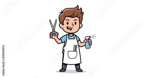 Cartoon barber holding scissors spray.