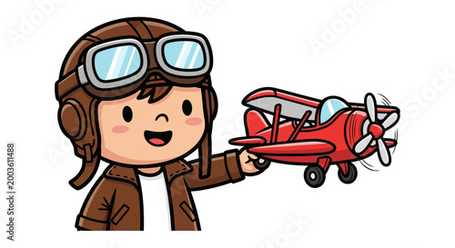 Cartoon boy holding small red airplane.