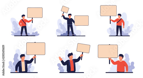 Set of diverse people holding blank placards and signs for protest or announcement vector illustration