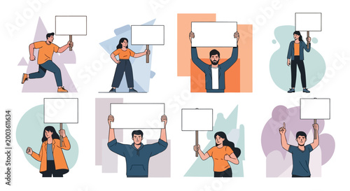 Set of diverse people holding blank protest signs and empty placards activists flat vector illustration