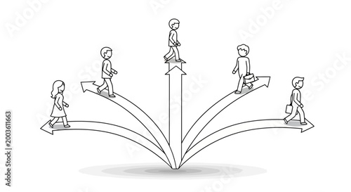People walking in different directions on arrows