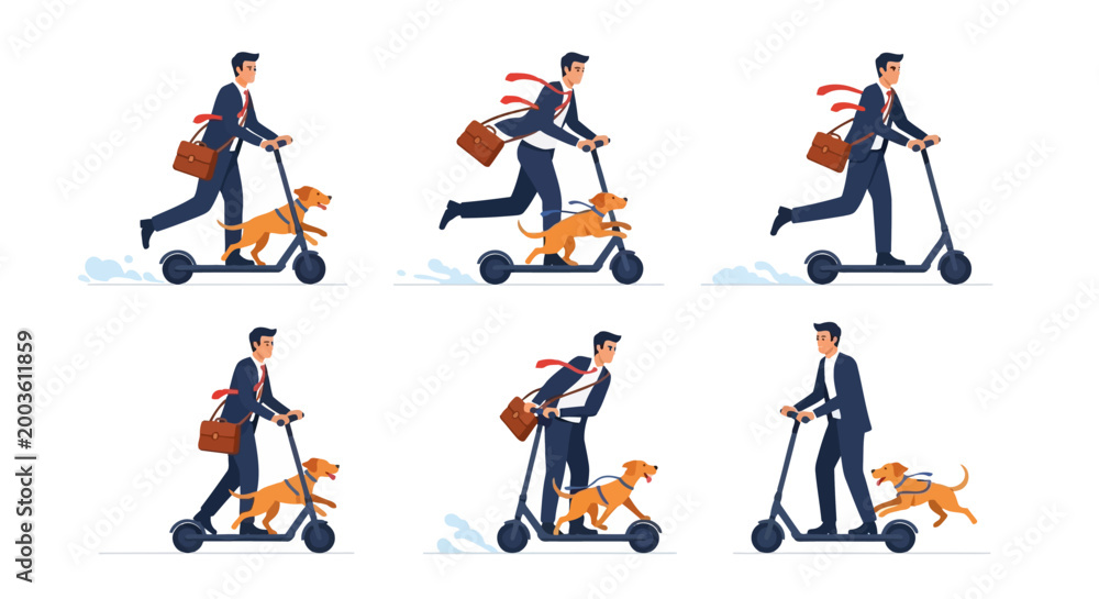 Fototapeta premium Set of businessman riding electric scooter with dog, office worker commuting to work, vector illustration
