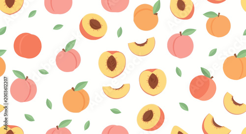 Seamless Pattern of Fresh Peaches and Slices with Green Leaves on White Background