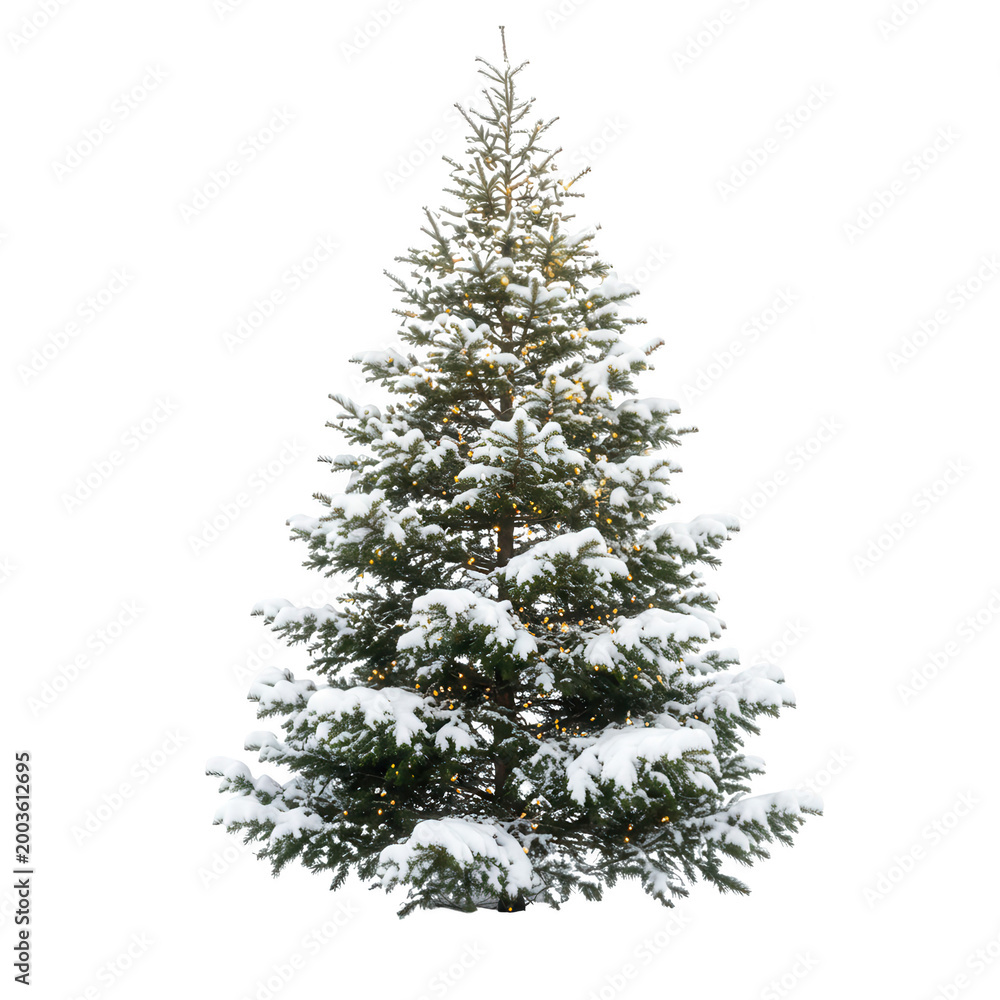 Fototapeta premium Snow covered christmas tree with lights isolated on transparent background
