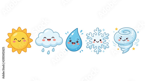 A set of weather icons featuring smiling sun, cloud, raindrop, snowflake, and tornado illustrations on a clean white background with a colorful and playful design.
