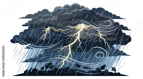 Stormy weather illustration with dark clouds, lightning, and heavy rain against a white background, conveying a dramatic and intense atmospheric condition.