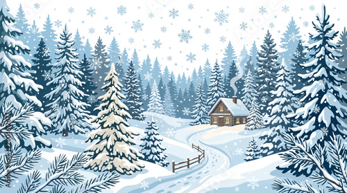 A serene winter landscape illustration of a snow-covered cabin nestled among frosty evergreen trees under a cloudy sky with falling snowflakes and a winding path, conveying a peaceful