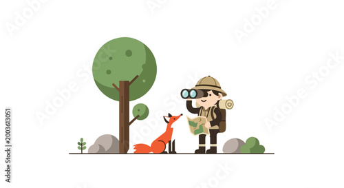 Cuadro en lienzo A cute cartoon explorer in a pith helmet looks through binoculars while holding a map, accompanied by a friendly red fox near a tree