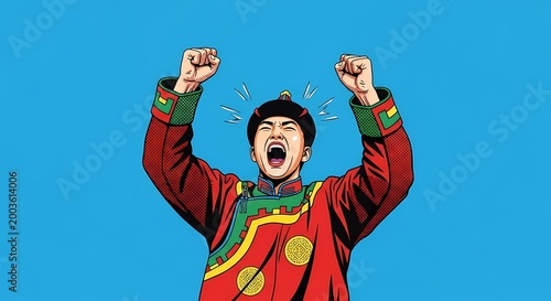 An enthusiastic man in traditional attire raises his arms in a triumphant gesture, his face filled with exuberance