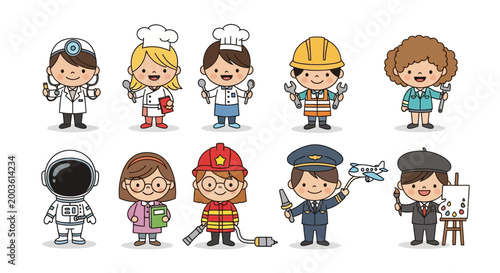 Cartoon characters in various professions.