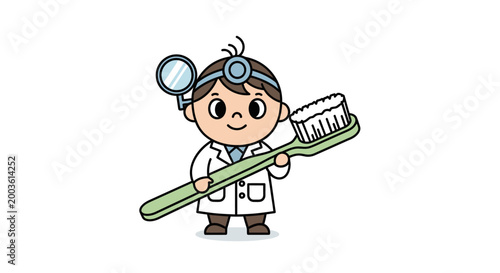 Cartoon dentist holding giant toothbrush.