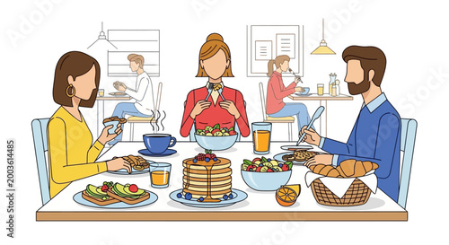 Family eating breakfast together at home.